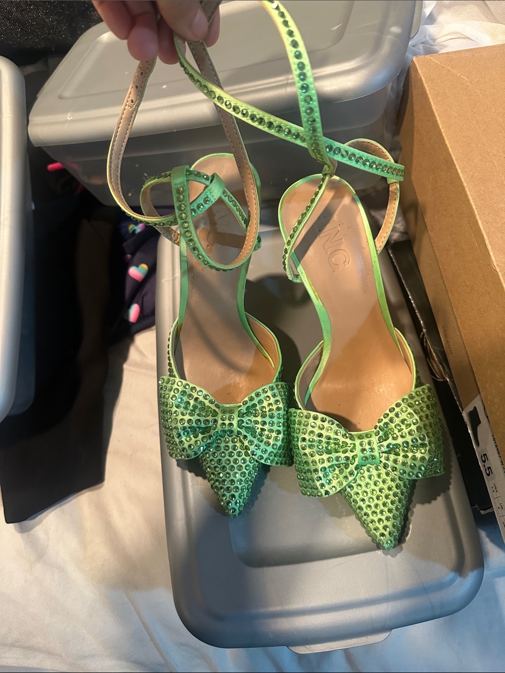 INC International Concepts Neon Green Crystal Bow Pointed-Toe Heels